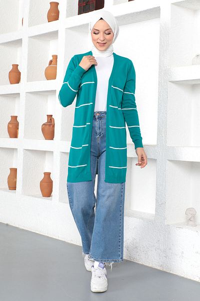 Tesettür Dünyası Gestreifter, knopfloser Strick-Cardigan Tsd230367 Türkis