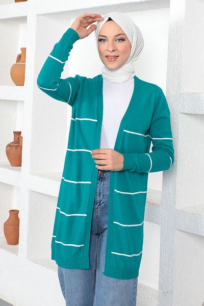 Tesettür Dünyası Gestreifter, knopfloser Strick-Cardigan Tsd230367 Türkis