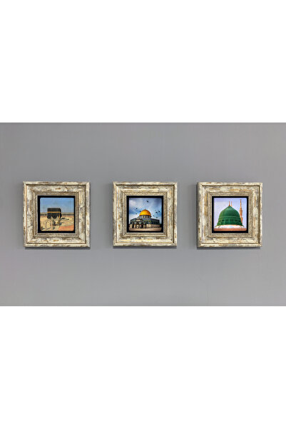 Oscar Stone Decor Çerçeveli Taş Duvar Dekoru Tablo 3'lü Set 20x20cm Kabe Mescid-i Aksa Kubbetüs Sahra (512-1696-1675)