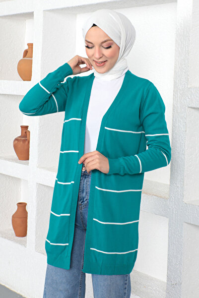 Tesettür Dünyası Pruhovaný úplet bez knoflíků Cardigan Tsd230367 tyrkysový