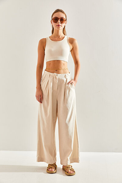 Bianco Lucci Women's Elastic Waist Linen Trousers60171007