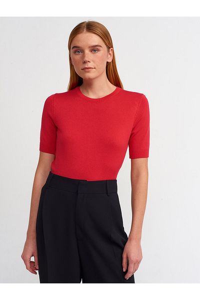 Dilvin 10426 Crew Neck Back Buttoned Short Sleeve Sweater-Red