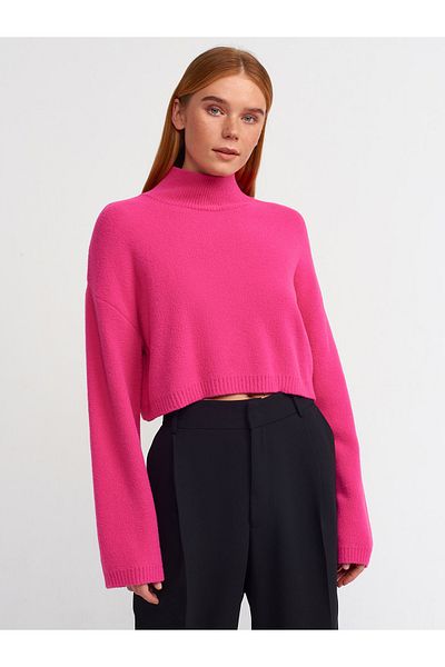 Dilvin 10483 Pulover crop cu guler cu textura moale-fucsia