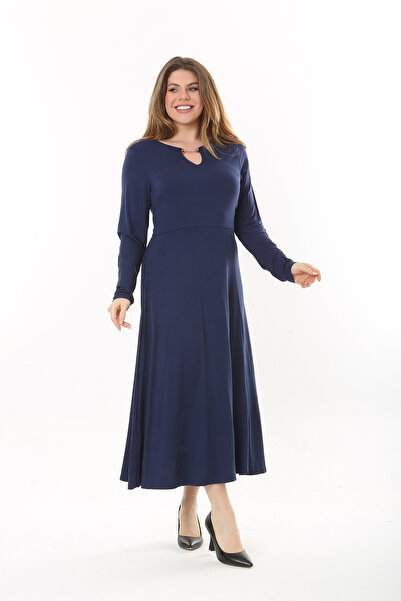Şans Women's Large Size Navy Blue Kiss Collar Long Sleeve Dress 65N37558