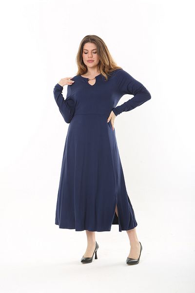 Şans Women's Large Size Navy Blue Kiss Collar Long Sleeve Dress 65N37558