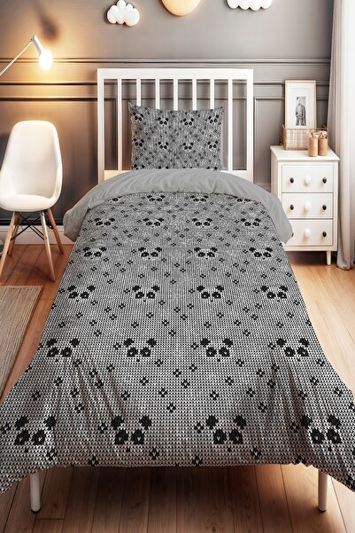 EVPANYA Kanaviçe Gri Ayıcık Desenli Tek Kişilik Bebek Çocuk Nevresim Seti