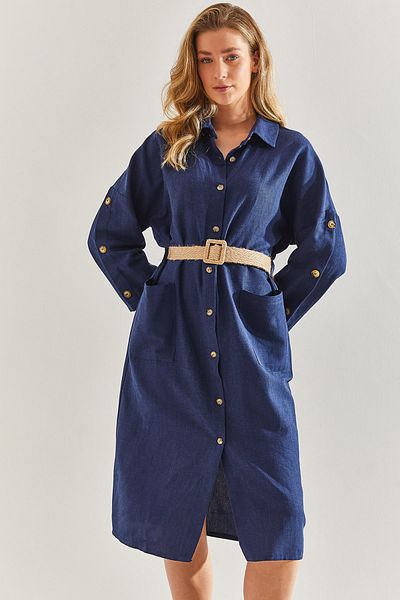 Bianco Lucci Damen-Hemdkleid aus Stroh und Leinen mit Gürtel60171014