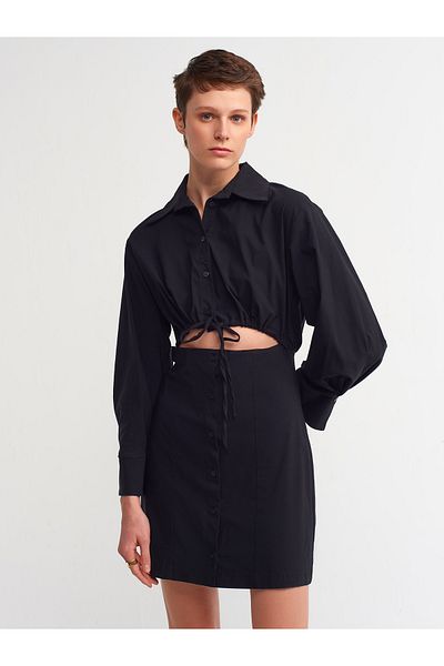 Dilvin 90316 Window Detailed Shirt Dress-black