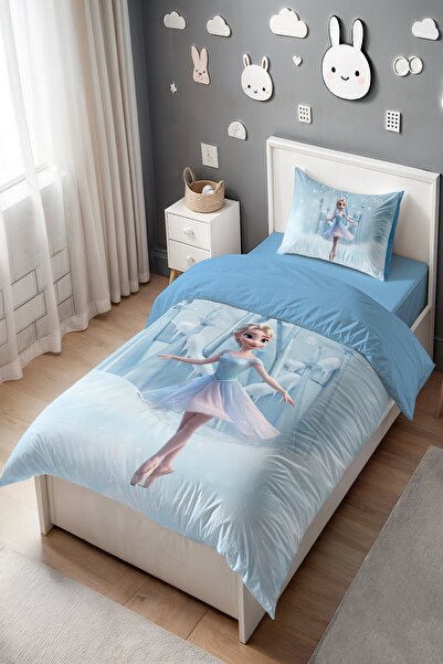 EVPANYA Buz Kalesi Balerin Elsa Desenli Tek Kişilik Bebek Çocuk Nevresim Seti