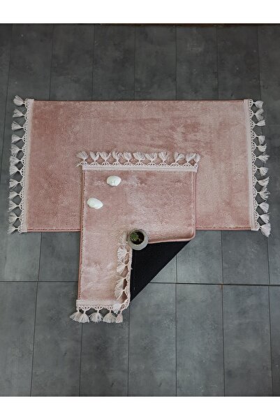 AVANTAJ Elite Pudra Pembe Ponpon Saçaklı Peluş 2'li Banyo Paspası Halısı Kaym...