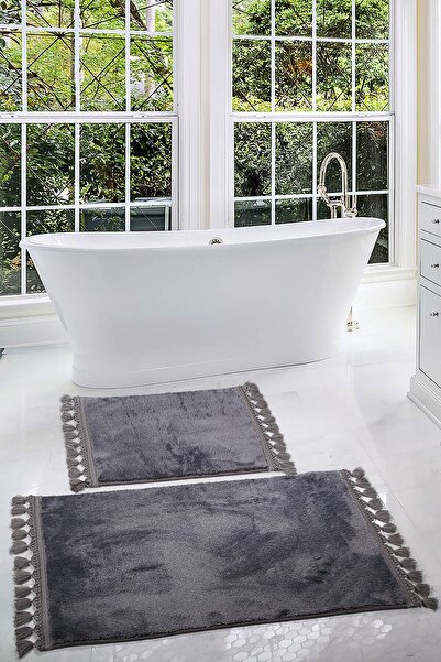 AVANTAJ Relax Antrasit Saçaklı 2'li Peluş Banyo Paspası Halısı Kaymaz Püsküll...
