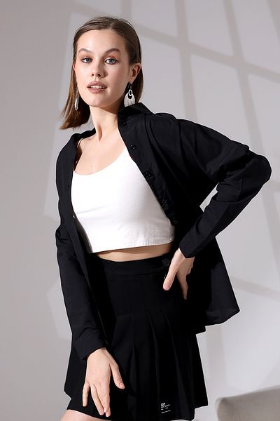 DWOZ Cămașă de bază lungă oversize neagră de damă