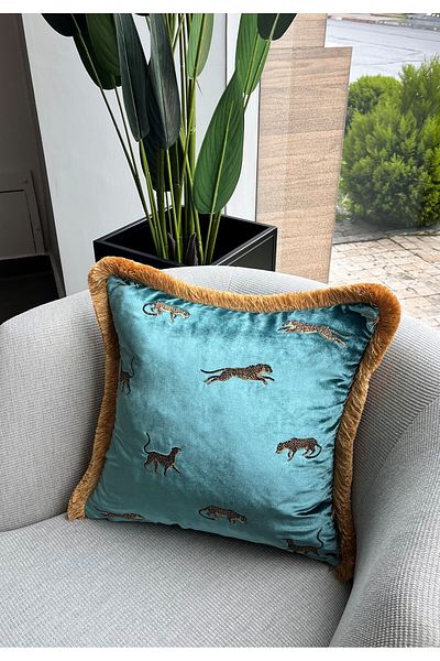 ge living Turquoise Velvet Leopard Embroidered Throw Pillow Cover