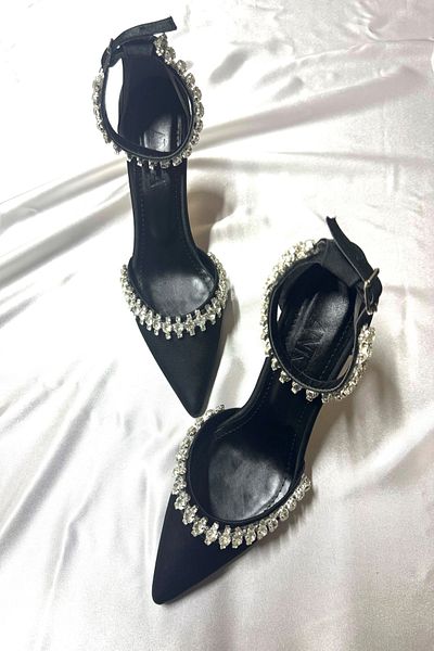 TrendyAnka Lady Satin Black Crystal Jewelled 8 Cm Transparent Heeled Pointed Toe Evening Dress Shoes