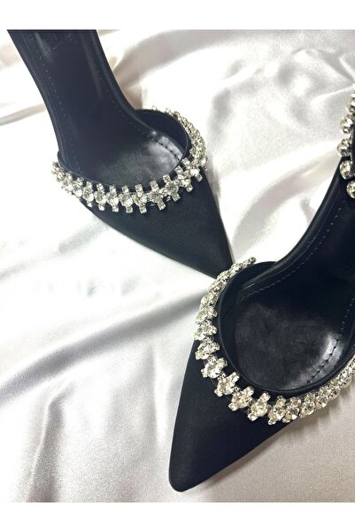 TrendyAnka Lady Satin Black Crystal Jewelled 8 Cm Transparent Heeled Pointed Toe Evening Dress Shoes