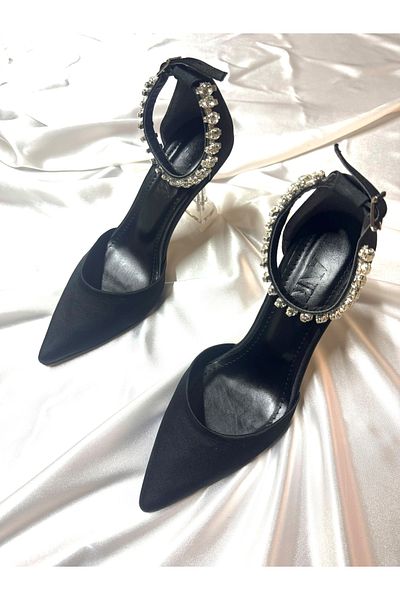 TrendyAnka Lady Satin Black Crystal Stone 8 Cm Transparent Toc Ascutit Pantofi De Seara