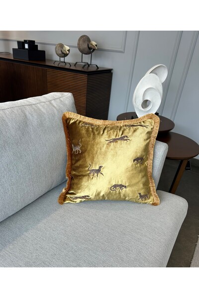 ge living Dekoratif Leopar Desenli Kırlent Kılıfı - Özel Tasarım Gold Kadife Yastık Kılıfı
