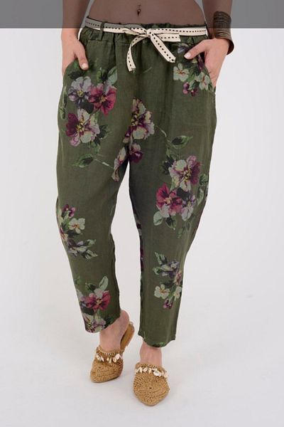 AYASOFYA OTANTIK Women's Khaki Italian Elastic Waist Belt Detailed Flower Pattern Carrot Linen Trousers