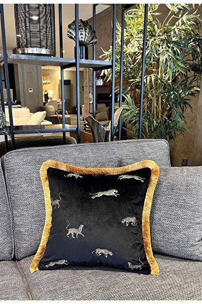 ge living Dekoratif Leopar Desenli Kırlent Kılıfı - Özel Tasarım Siyah Kadife...