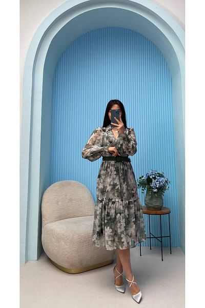 GİYSİ DÜNYASI CHIFFON FABRIC CROUVASE COLLAR LONG SLEEVE BELT DETAIL MIDI LENGTH DRESS