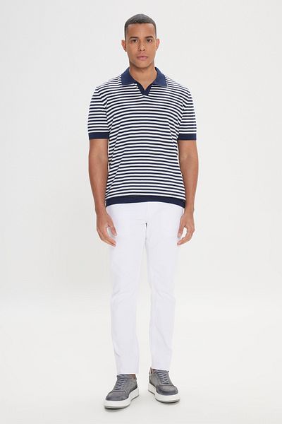 AC&Co / Altınyıldız Classics Men's Navy Blue-White Standard Fit Regular Cut Polo Neck 100% Cotton Short Sleeve Striped Knitwear T-Shirt