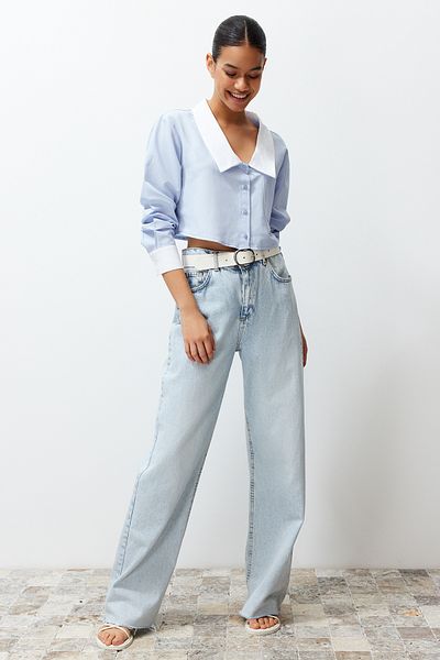 Trendyol Collection Синій гольф з широким коміром Gomlek з облягаючою талією TWOSS24GO00105