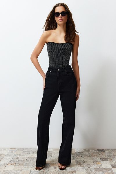 Trendyol Collection Black Strapless Stone Embroidered Blouse Twoss24Bz00509