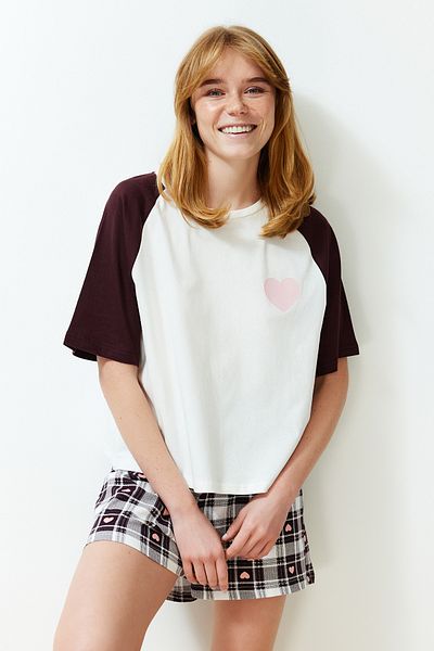 Trendyol Collection Colorful White Heart Plaid Pajamas Set - 100% Cotton THMSS24PT00213
