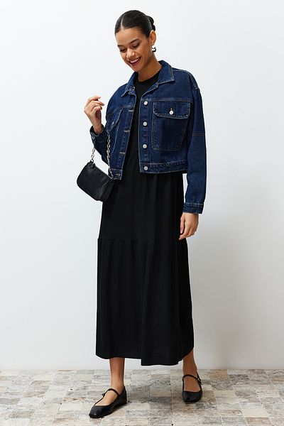 Trendyol Modest Plisovaná sukně černé pletené šaty bez rukávů - TCTSS24EB00156