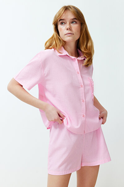 Trendyol Collection Pink Ruffled Pocket 100% Cotton Shorts Pajama Set - Thmss24Pt00150
