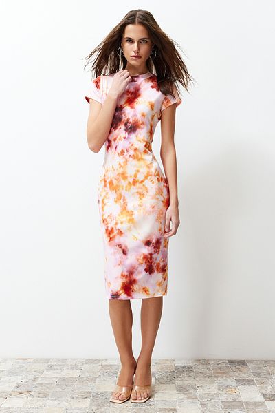 Trendyol Collection Rochie midi tricotată elastică, cu mânecă scurtă, cu mânecă scurtă, cu imprimeu multicolor, TWOSS24EL00676