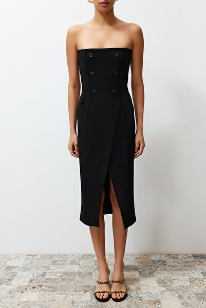 Trendyol Collection Stretchy Πλεκτό Μαύρο Μίντι Φόρεμα - Μασίφ Κουμπί, Στράπλες, Περιτύλιγμα - Twoss24el00426