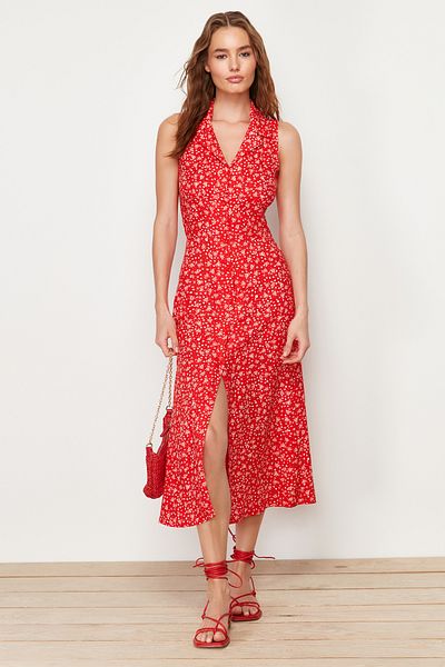 Trendyol Collection Red Floral Viscose Midi Woven Dress TWOSS24EL00515