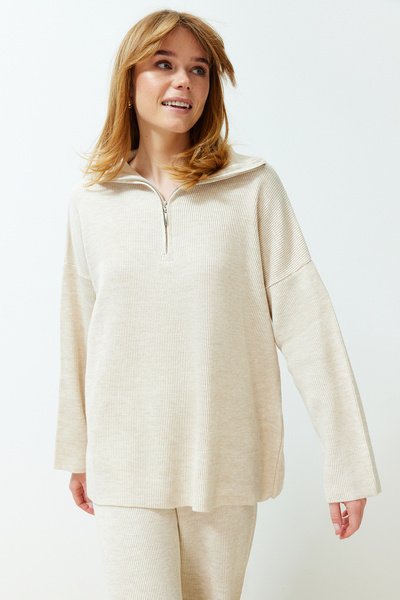 Trendyol Collection Ecru széles szabású cipzáras Basic Knitwear alsó felső szett TWOSS24AU00078