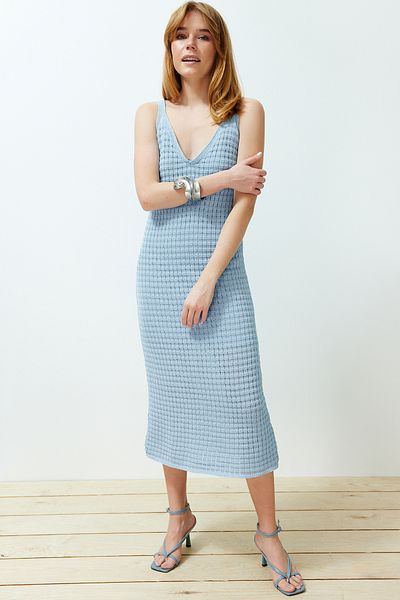 Trendyol Collection Tricotaj maxi ecru Rochie din bumbac tricotată cu căptușeală TWOSS24EL00357