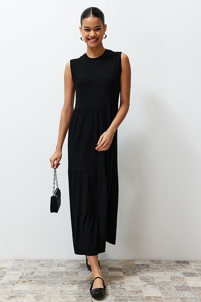 Trendyol Modest Plisovaná sukně černé pletené šaty bez rukávů - TCTSS24EB00156