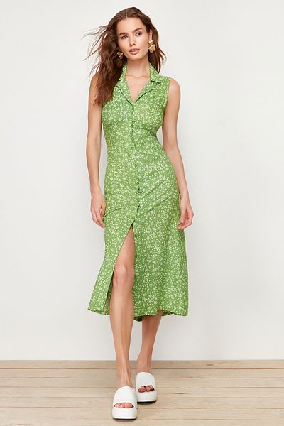 Trendyol Collection Πράσινο φλοράλ φόρεμα βισκόζης μίντι υφαντό TWOSS24EL00515
