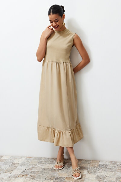 Trendyol Modest Μπεζ Αμάνικο πλεκτό φόρεμα με βολάν μονό-ζέρσεϊ-πόπλιν TCTSS24EB00155
