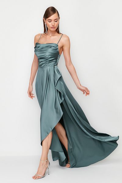 Trendyol Collection Blue Woven Satin Long Stylish Evening Dress Tprss24Ae00112