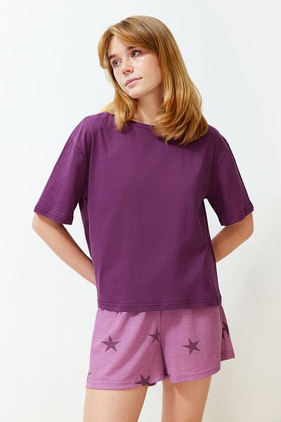 Trendyol Collection Star Patterned Plum Color 100% Cotton Shorts Sleepwear Set - Thmss24Pt00215