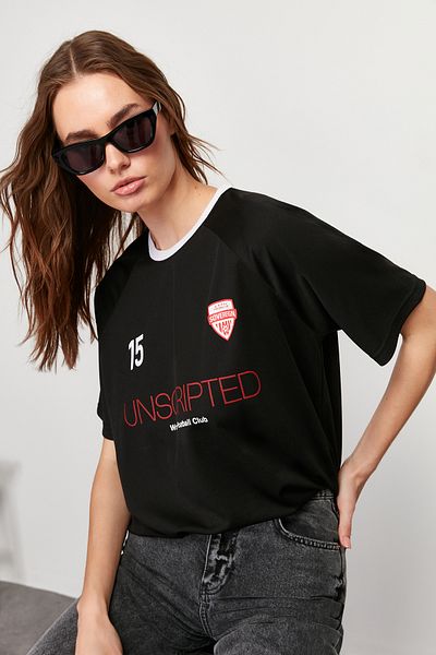 Trendyol Collection Black Oversize/Wide Fit Slogan Printed Knitted T-Shirt TWOSS24TS00106