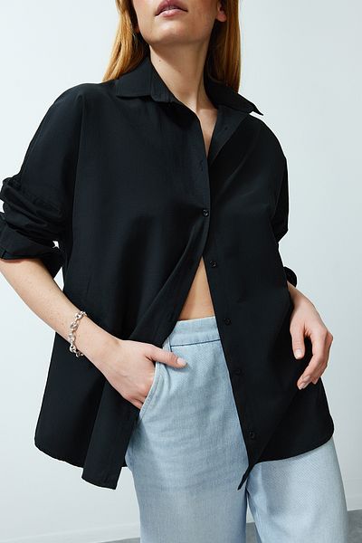 Edit by Trendyol Oversize Black Woven Shirt - Tedss24Go00000
