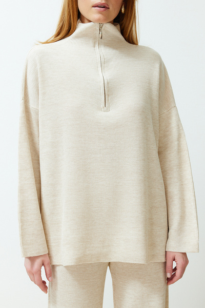 Trendyol Collection Ecru széles szabású cipzáras Basic Knitwear alsó felső szett TWOSS24AU00078