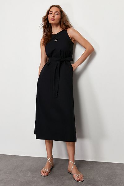 Trendyol Collection Sötétkék öves 100% pamut poplin zsebes Midi szövött ruha TWOSS24EL00338