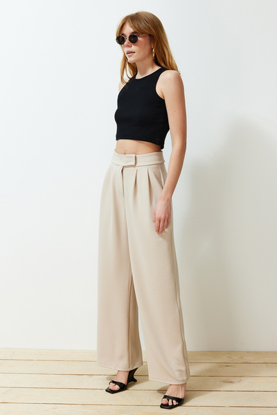 Trendyol Collection Széles szárú krepp nadrág magas derékkal és tépőzárral - TWOAW24PL00177