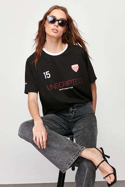 Trendyol Collection Black Oversize/Wide Fit Slogan Printed Knitted T-Shirt TWOSS24TS00106