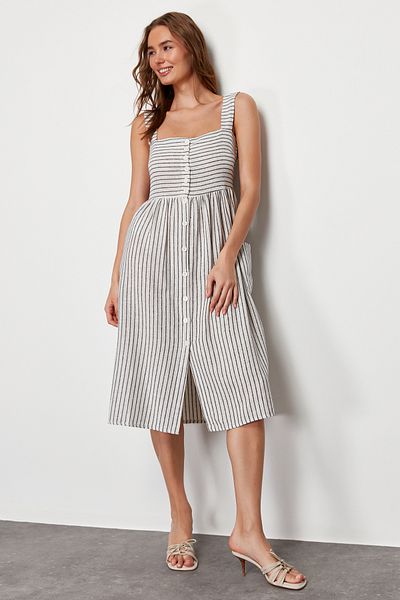 Trendyol Collection Ecru Buttoned Striped Linen Look Midi Woven Dress TWOSS24EL00068