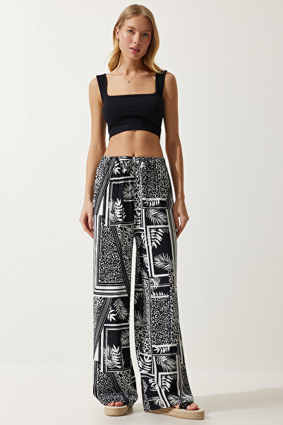 Happiness İstanbul Női fekete-fehér mintás folyós viszkóz Palazzo nadrág EN00606