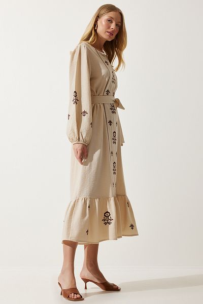 Happiness İstanbul Beiges, besticktes, langes, gewebtes Kleid aus Leinen für Damen, RG00017