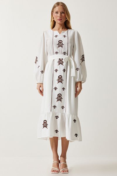 Happiness İstanbul Ecrufarbenes, besticktes, langes, gewebtes Kleid aus Leinen für Damen, RG00017